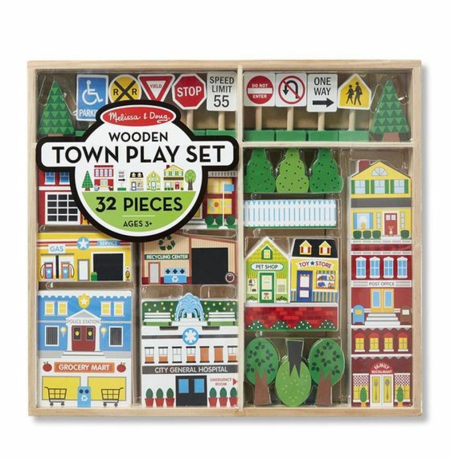 * Melissa & Doug Best-Selling Wooden Town Play Set With Storage Tray (32 Pcs) Pretend Play